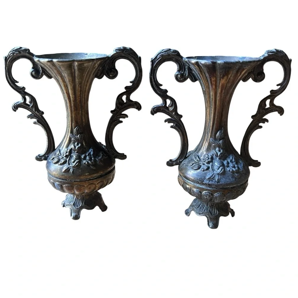 Vintage Italian Floral Ornate Metal Patina Bud Vase Pair Romantic